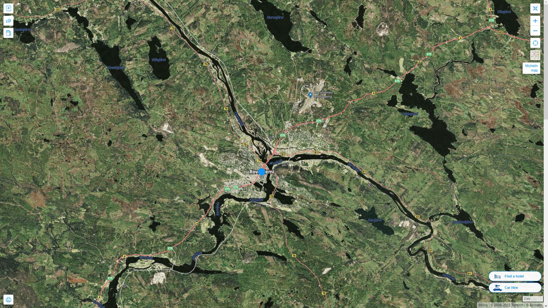 Rovaniemi Finlande Autoroute et carte routiere avec vue satellite